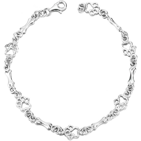 925 Silver Dog Bone Paw Print Link Charm Bracelet for Dog Lovers, 7.9in - Picture 1 of 4